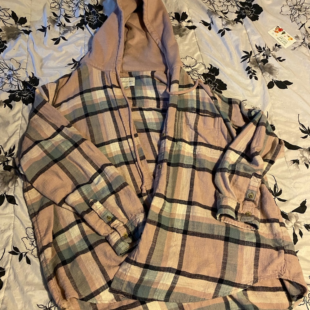 American Eagle Pink and Blue flannel hoodie